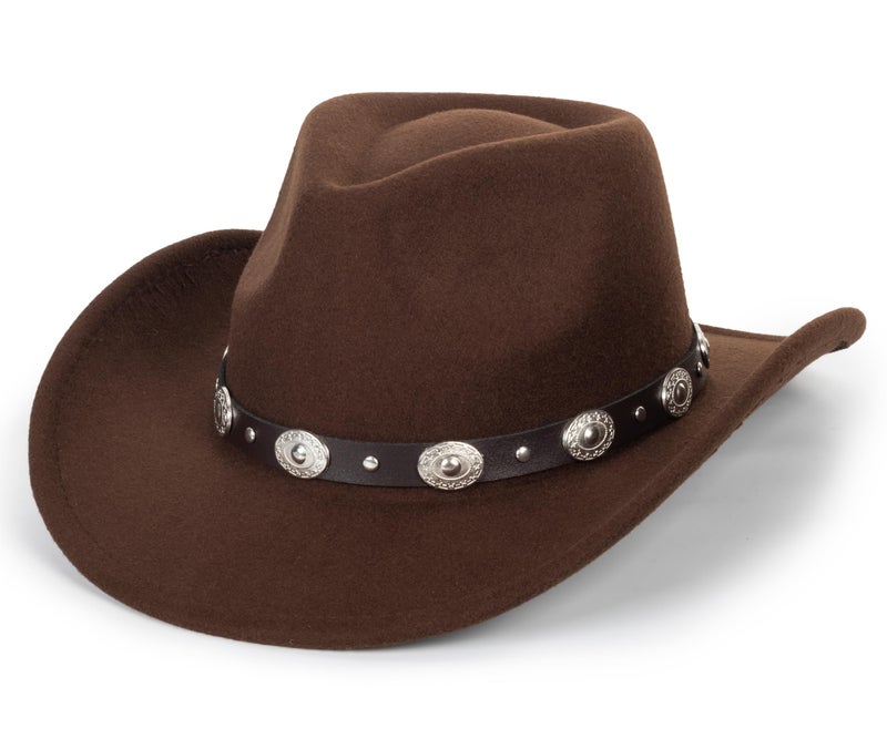 Mealah Women & Men Felt Western Cowboy Hat Classic Roll Up Brim Belt Buckle Cowgirl Fedora (M) Coffee - Image 1