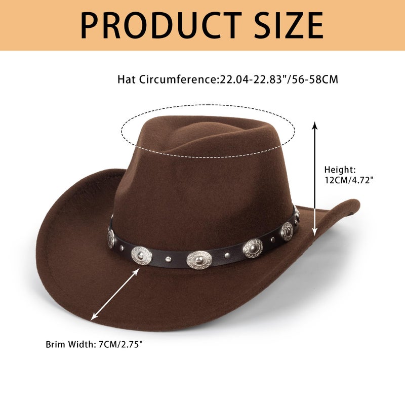 Mealah Women & Men Felt Western Cowboy Hat Classic Roll Up Brim Belt Buckle Cowgirl Fedora (M) Coffee - Image 2