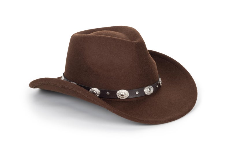Mealah Women & Men Felt Western Cowboy Hat Classic Roll Up Brim Belt Buckle Cowgirl Fedora (M) Coffee - Image 5