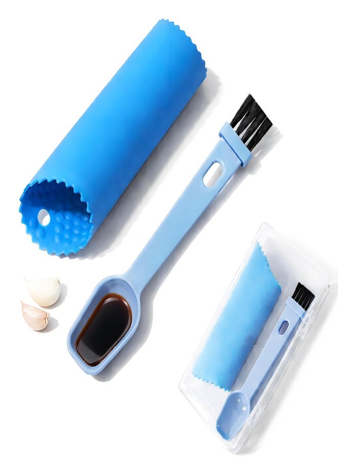 UOSLOR Silicone Garlic Peeler Tube Roller with Brush, 2-in-1 Kitchen Gadget Set, Measuring Spoon with Cleaning Brush (5ml & 3ml) and Silicone Garlic Peeler, Easy-Clean Kitchen Utensils with Hanging Loops - Image 1
