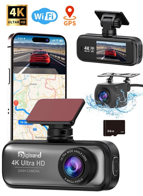 4K Dash Cam For Car 3840*2160P Dual Lens Support 1080P Rear Camera,G-Sensor, Loop Recording,WIFI GPS 24H Parking Monitoring,Night Vision,Free 64GB SD Card