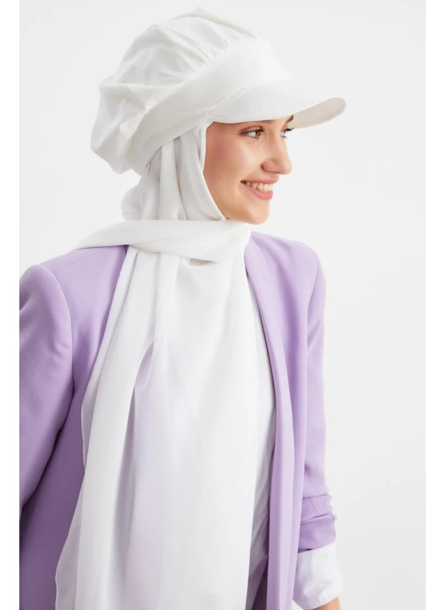 Butikgiz White Women's Hijab Multi Chiffon Silky Shawl and Cotton Combed Visor Hat Pair - Comfortable, Extra Light