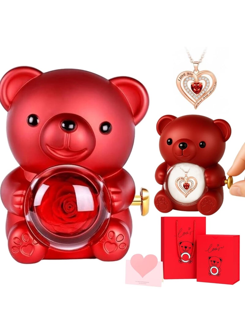 RATSAW Teddy Bear with Preserved Rose Necklace A Real Rose in Bear with Elegant Gift Box for Anniversaries Weddings Mother's Day- Rotating Surprise Jewelry Box - Image 1