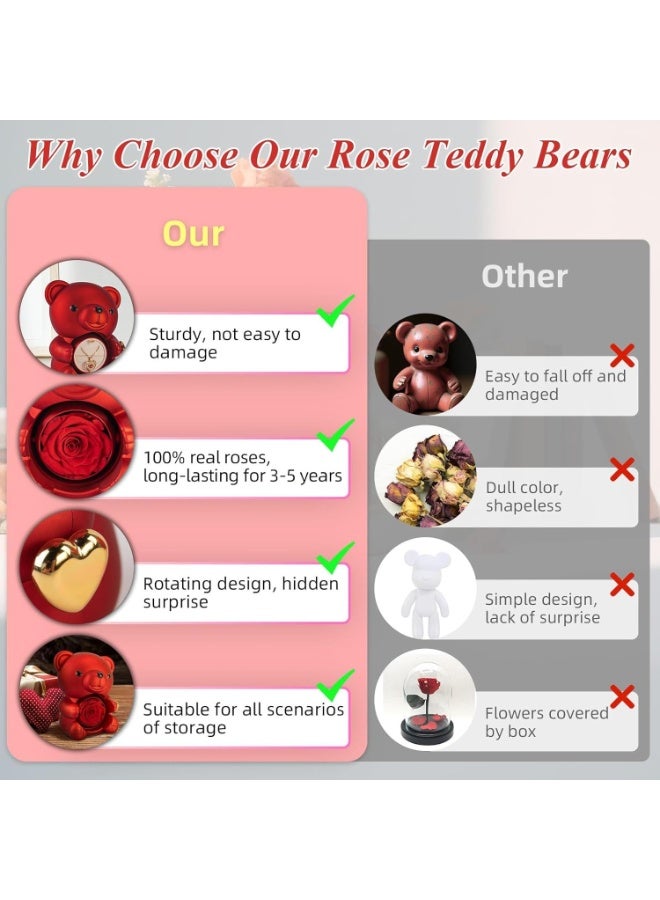 RATSAW Teddy Bear with Preserved Rose Necklace A Real Rose in Bear with Elegant Gift Box for Anniversaries Weddings Mother's Day- Rotating Surprise Jewelry Box - Image 3