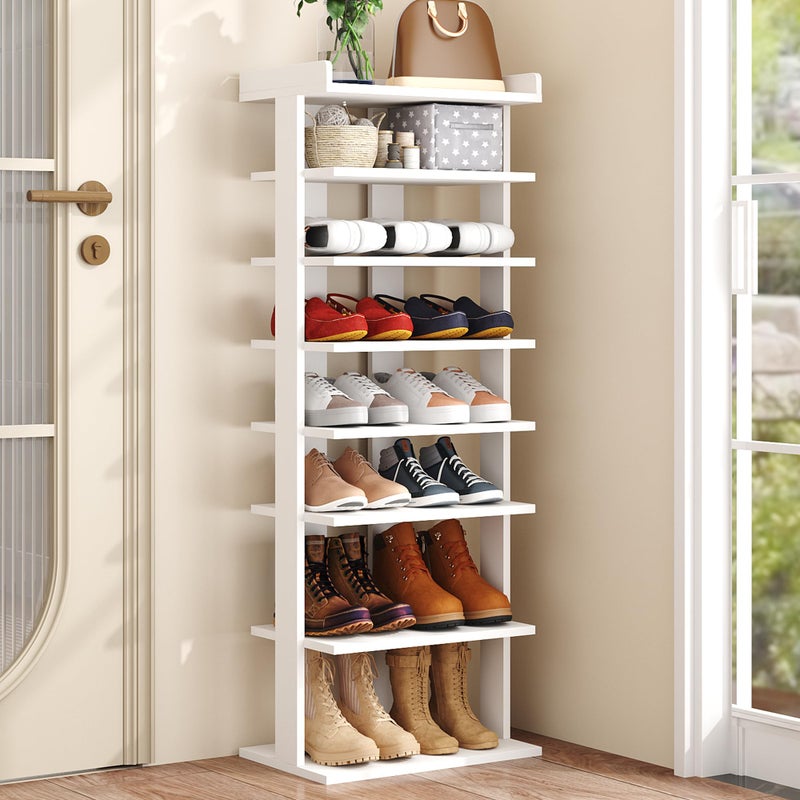 HOMEFORT HOMEFORT 7Tier Wood Shoe Rack Double Rows 7Tier Shoe Shelf Shoe Storage Stand Entryway Shoe Tower Vertical Shoe Organizer Perfect for Narrow Closet Entryway Hallway Bedroom in White