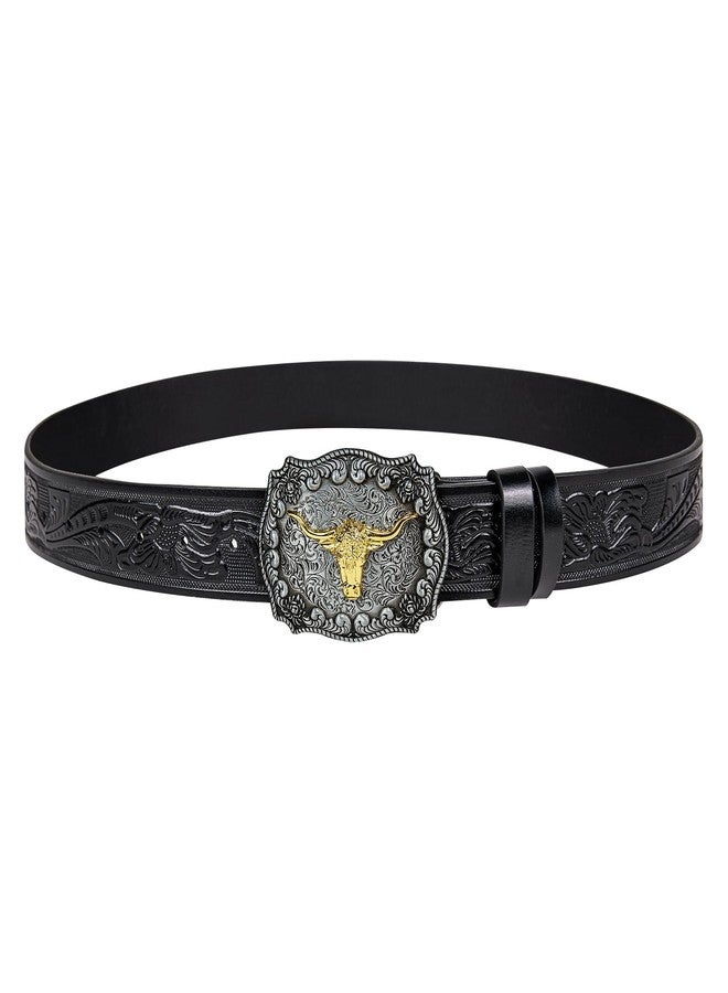 Dubulle Western Belt Cowboy Leather Belts for Men Women Longhorn Bull Buckle Floral Engraved Strap Jeans Casual Outfits, Black/Silver Buckle, 35" to 41" Waist Adjustable - Image 5