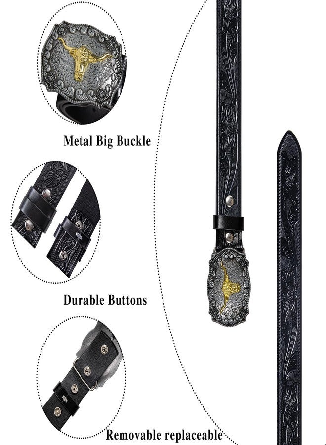 Dubulle Western Belt Cowboy Leather Belts for Men Women Longhorn Bull Buckle Floral Engraved Strap Jeans Casual Outfits, Black/Silver Buckle, 35" to 41" Waist Adjustable - Image 3