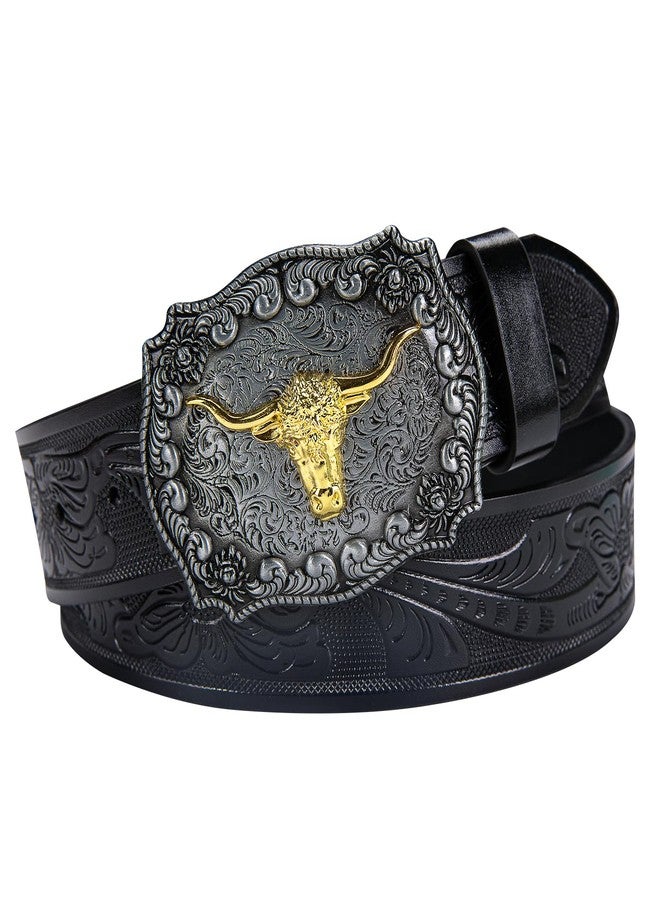Dubulle Western Belt Cowboy Leather Belts for Men Women Longhorn Bull Buckle Floral Engraved Strap Jeans Casual Outfits, Black/Silver Buckle, 35" to 41" Waist Adjustable - Image 4