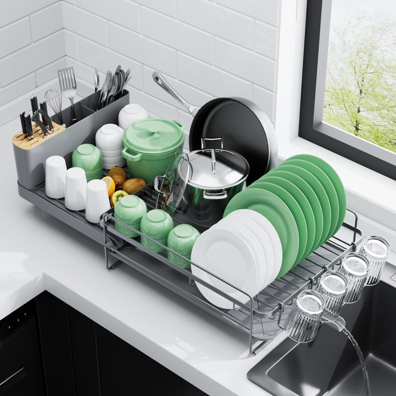Kitsure Large Dish Drying Rack  Extendable Dish Rack Multifunctional Dish Rack for Kitchen Counter AntiRust Dish Drainers with Cutlery  Cup Holders 192267 L x 129 W Grey