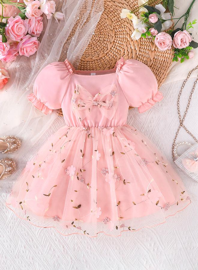 Take Two Floral Embroidery Bow Detail Mesh Dress - Image 1