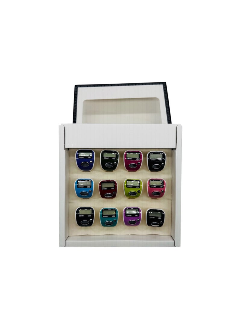 LED Digital Tasbih Counter, Box of 12 Multicolour Finger Counters for Zikr and Prayer, Adjustable Size - Image 1