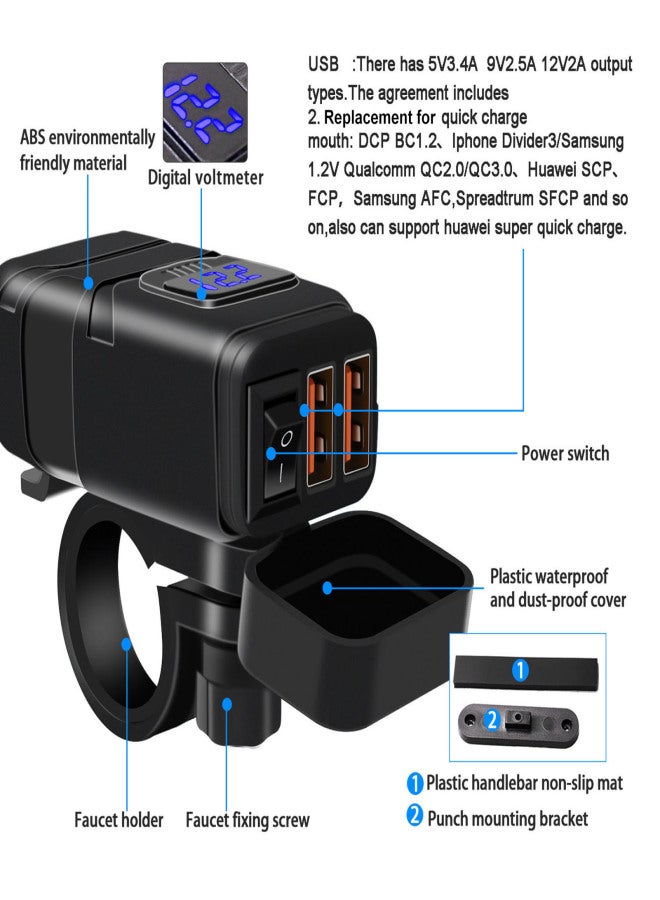 Motorcycle USB Charger Super Fast Charger QC3.0 Dual USB Port with Voltmeter ON/Off Switch Replacement for iphone Samsung HUAWEI DC12V Car, Motorcycle, Beach Car 7/8inch Handlebar - Image 2