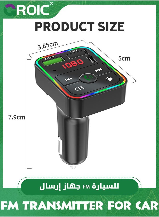 Black Car FM Transmitter, Wireless Bluetooth 5.0 MP3 Player Radio Adapter Car Kit, PD3.0 Type C 20W+QC3.0 Car Fast Charger, Hands Free Calling, Bass Lossless Hi-Fi Sound Support U Disk
