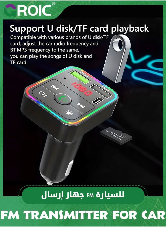 Black Car FM Transmitter, Wireless Bluetooth 5.0 MP3 Player Radio Adapter Car Kit, PD3.0 Type C 20W+QC3.0 Car Fast Charger, Hands Free Calling, Bass Lossless Hi-Fi Sound Support U Disk