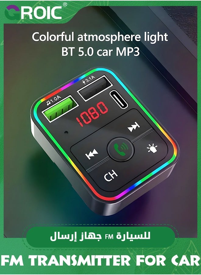 Black Car FM Transmitter, Wireless Bluetooth 5.0 MP3 Player Radio Adapter Car Kit, PD3.0 Type C 20W+QC3.0 Car Fast Charger, Hands Free Calling, Bass Lossless Hi-Fi Sound Support U Disk