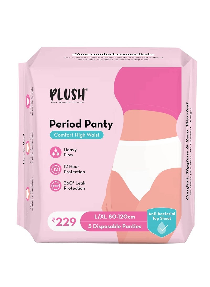Plush Comfort High Waist Disposable Period Panty for Women Heavy Flow - 5 Pcs L/XL (80-120cm) | Anti-Bacterial | Non-Bulky, Panty like Fit | 12-Hour Protection | 360Â° Coverage, 100% Rash-Free Period Panties | Ideal for Overnight Use - Image 1