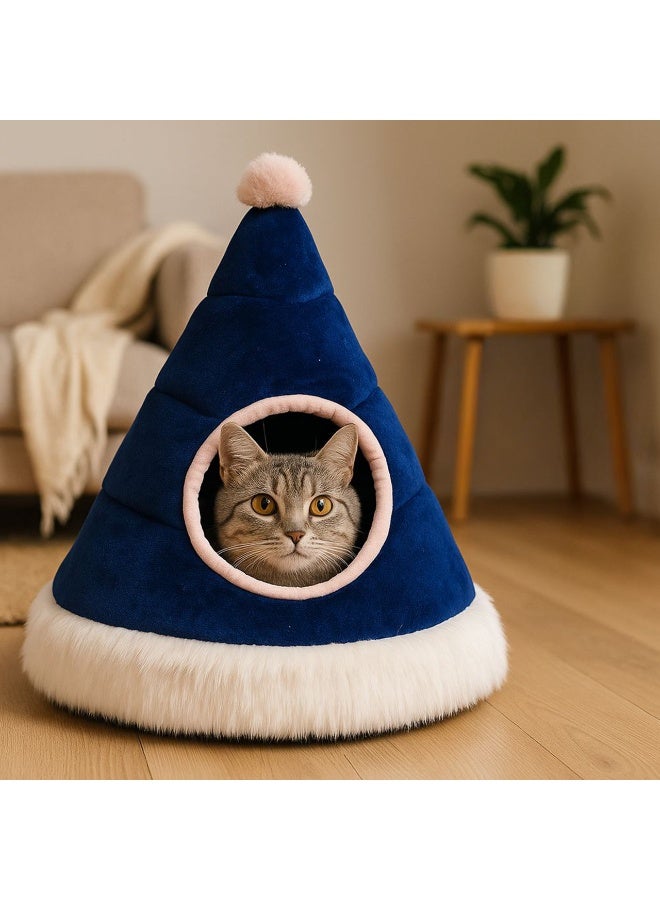 Teepee Cat Bed – Cozy Indoor Cat House with Plush Fur Trim and Pom Pom