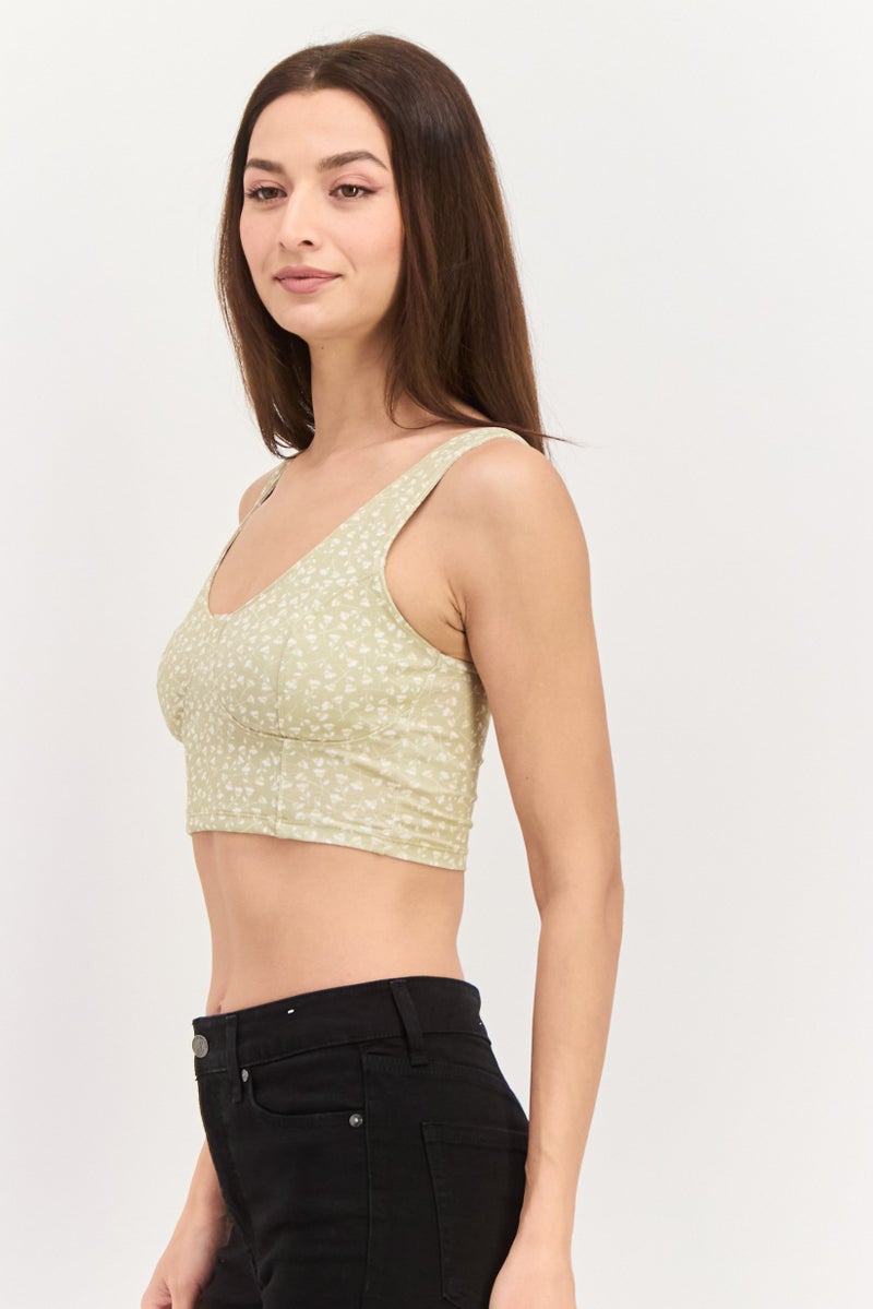 MONKI Women Scoop Neck Sleeveless Floral Print Crop Top, Green - Image 3