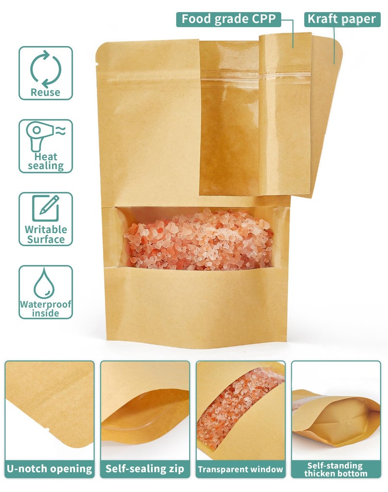 FireKylin 100 Pcs Brown Paper Bags with Window, 6.3" x 8.6" Stand Up Pouches, Zipper Food Storage Bags for Packaging Products, Reusable, Sealable - Image 3