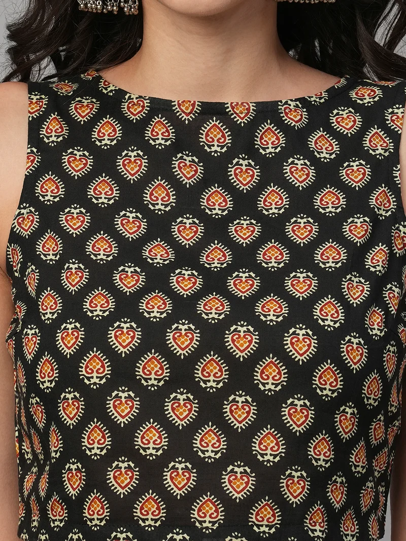 globus Women Boat Neck Ethnic Print Crop Top With Mid-Rise Palazzos Fusion Co-Ord Set