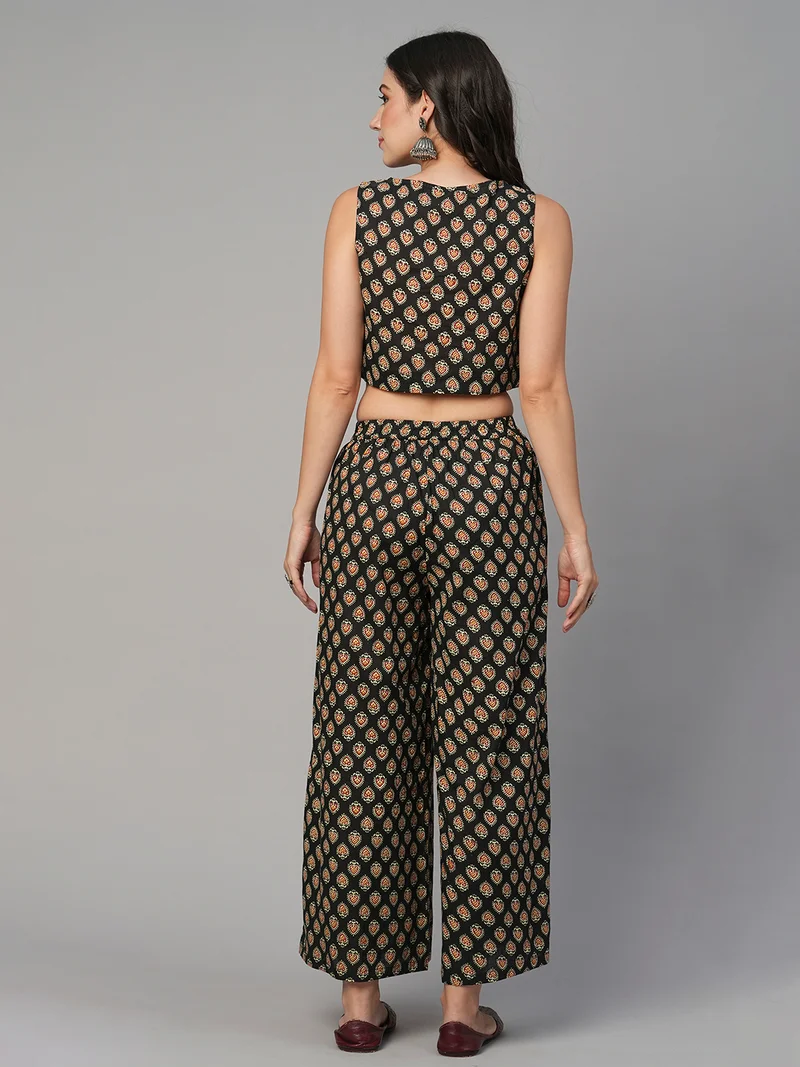 globus Women Boat Neck Ethnic Print Crop Top With Mid-Rise Palazzos Fusion Co-Ord Set