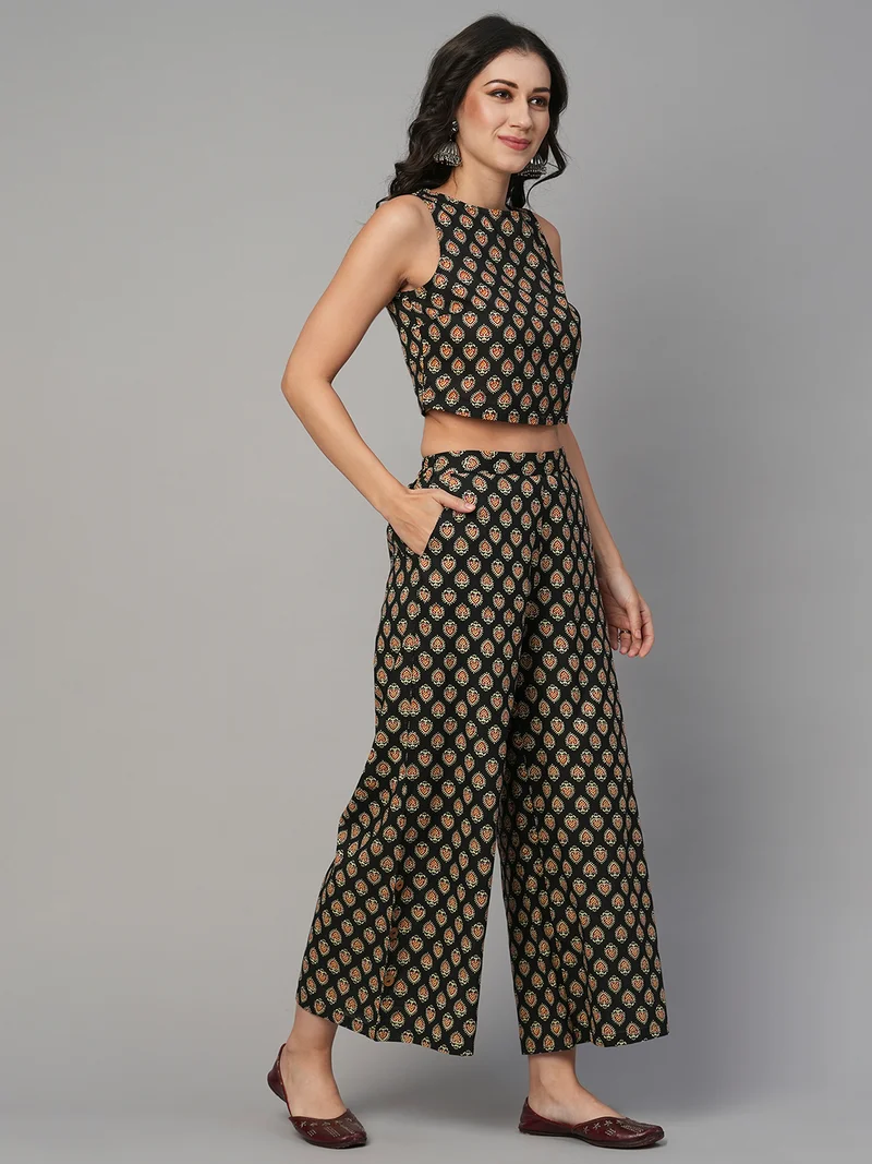 globus Women Boat Neck Ethnic Print Crop Top With Mid-Rise Palazzos Fusion Co-Ord Set