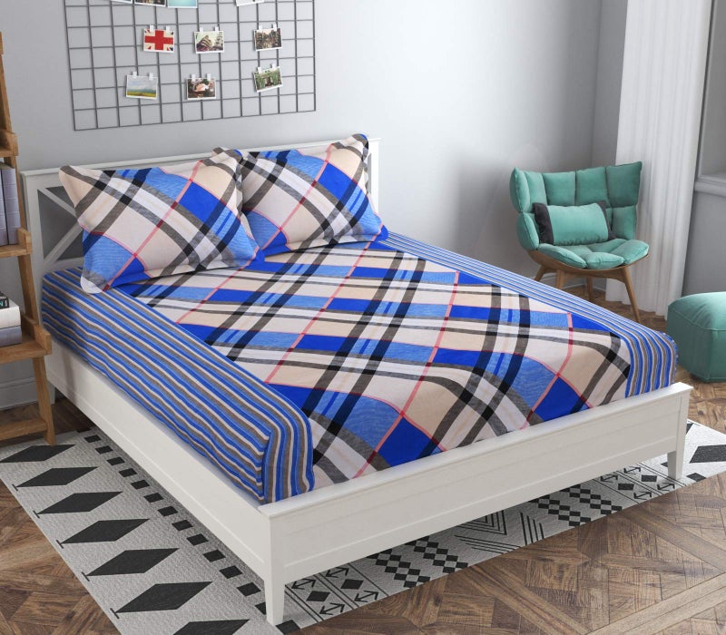Temoli® Cotton Elastic Fitted bedsheets King Size, Fitted bedsheets King Size with Elastic and 2 Pillow Covers of Size 100x100 inch (Blue-Lines) - Image 1