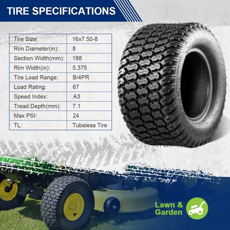 MaxAuto 16x7.50-8 16x7.5x8 إطارات جزازة العشب Turf Saver 4PLY، مجموعة من 2 - Image 3
