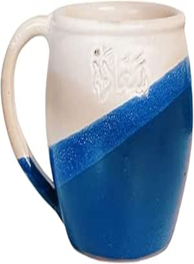 Tip Of The Day | Happiness Wavy Pottery Mug | Handcrafted Pottery Cup with Handle | Microwave Safe | for Home and Office Gifts | 270 ml | Blue and White