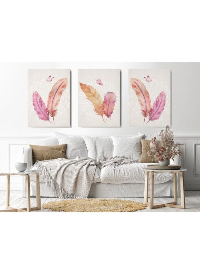 Home Gallery - set of Canvas Wall Art, Abstract Framed Portrait of pink feather butterfly geometric art pattern - Image 1