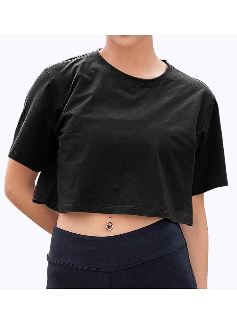 Women’s Short Sleeve Crewneck Loose Crop Top – Comfy Casual & Workout Tee - Image 1