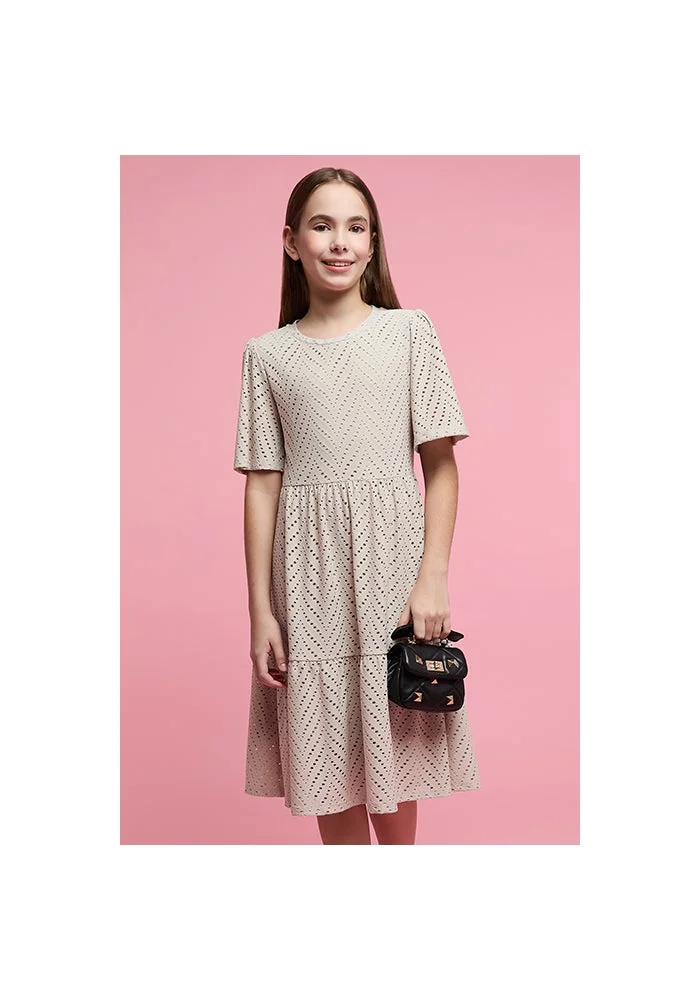أر أند بي Openwork Flared Dress with Crew Neck and Flared Sleeves