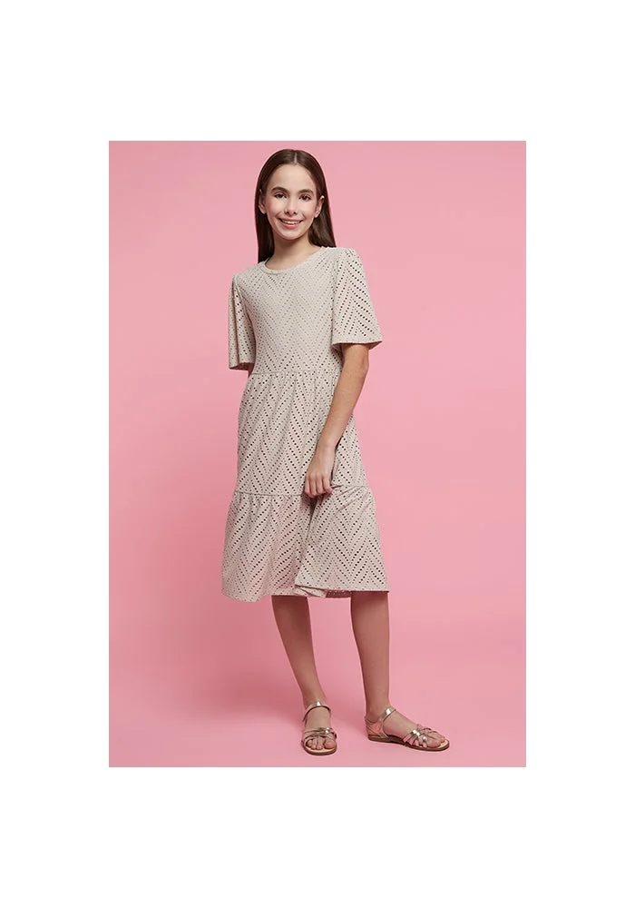 أر أند بي Openwork Flared Dress with Crew Neck and Flared Sleeves