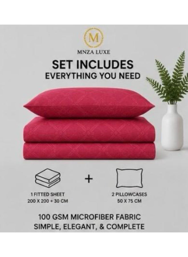 طقم ملاءة سرير مطاطية فاخر من الألياف الدقيقة بتصميم مربعات من MNZA LUXE، يشمل ملاءة مطاطية واحدة وغطاءي وسادة | فائق النعومة، قابل للتهوية، ومقاوم للتجاعيد | اللون العنابي - Image 2