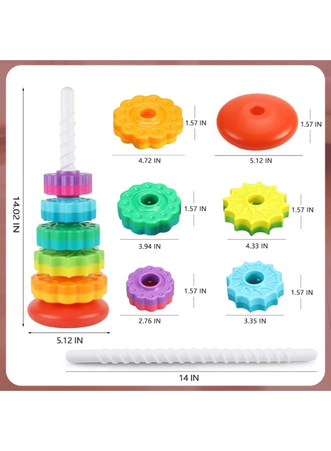 Capstro Rainbow Rotating Stacking Tower Toy for Toddlers – 5 Layer Spinning Ring Stacker with Colorful Textured Wheels, Fine Motor Skill Activity Toy – Rainbow Wheel - Image 3