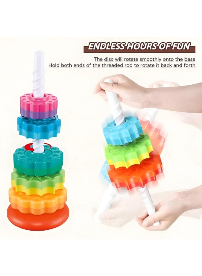 Capstro Rainbow Rotating Stacking Tower Toy for Toddlers – 5 Layer Spinning Ring Stacker with Colorful Textured Wheels, Fine Motor Skill Activity Toy – Rainbow Wheel - Image 5