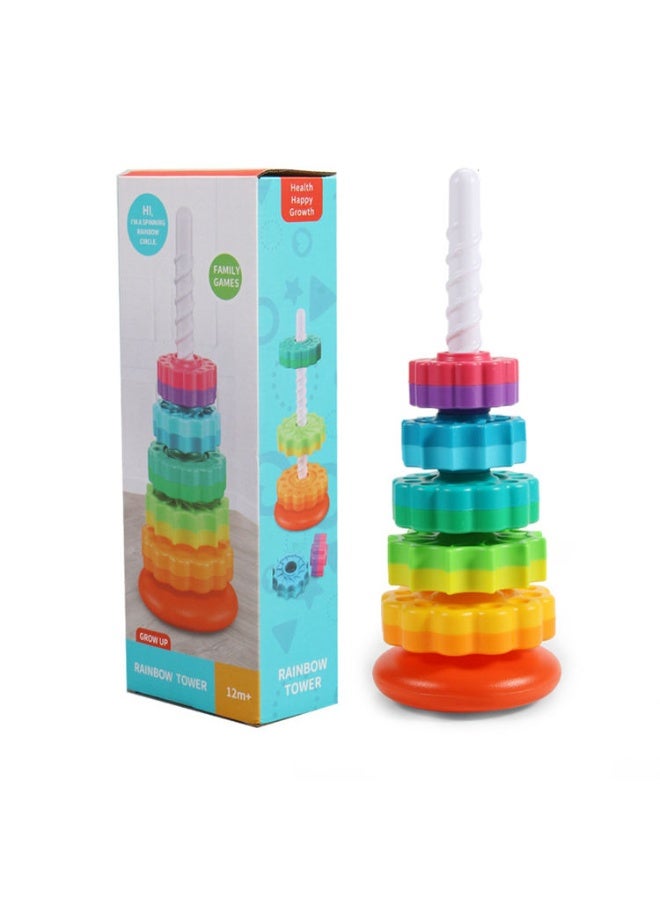 Capstro Rainbow Rotating Stacking Tower Toy for Toddlers – 5 Layer Spinning Ring Stacker with Colorful Textured Wheels, Fine Motor Skill Activity Toy – Rainbow Wheel - Image 1