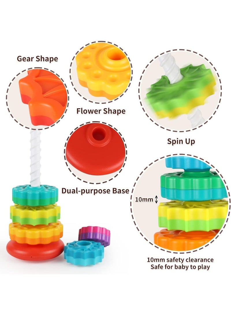 Capstro Rainbow Rotating Stacking Tower Toy for Toddlers – 5 Layer Spinning Ring Stacker with Colorful Textured Wheels, Fine Motor Skill Activity Toy – Rainbow Wheel - Image 4
