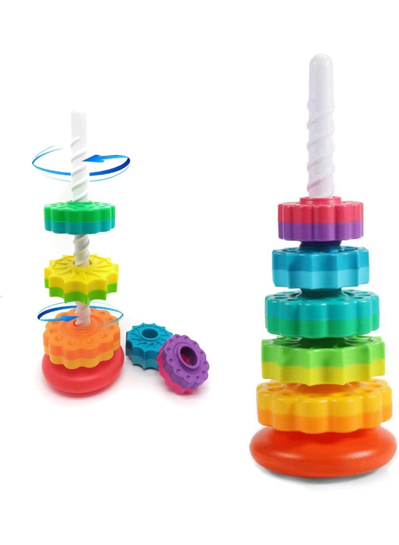 Capstro Rainbow Rotating Stacking Tower Toy for Toddlers – 5 Layer Spinning Ring Stacker with Colorful Textured Wheels, Fine Motor Skill Activity Toy – Rainbow Wheel - Image 2