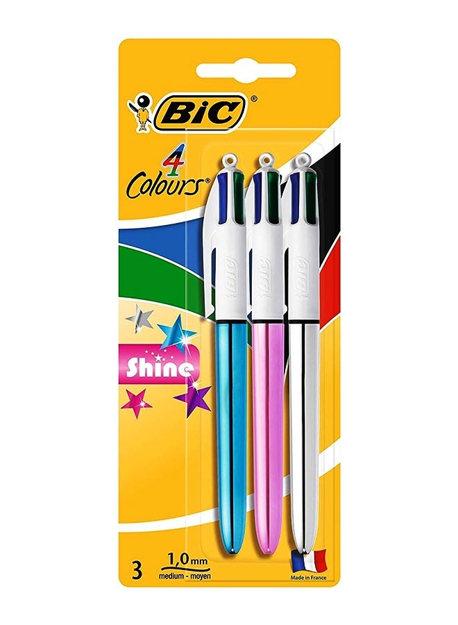 BIC 4 Colors Shine Retractable Ballpoint Pens with Medium Point (1.0 mm), Assorted Colors Metallic Barrels, Pack of 3 - Image 1