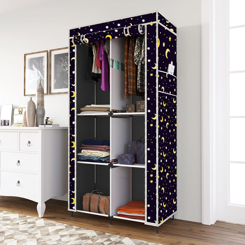 Whitecloud TRANSFORMING HOMES Whitecloud TRANSFORMING HOMES Printed Collapsible Wardrobe Almira with 6 Shelves 2 Hanging Space 1 Side Pocket NonWoven Fabric 100 GSM 20035 Moon Star Grey  - Image 1