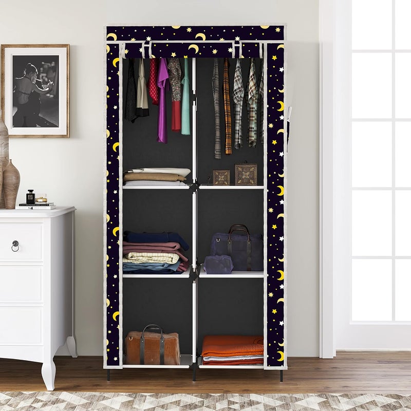 Whitecloud TRANSFORMING HOMES Whitecloud TRANSFORMING HOMES Printed Collapsible Wardrobe Almira with 6 Shelves 2 Hanging Space 1 Side Pocket NonWoven Fabric 100 GSM 20035 Moon Star Grey  - Image 2