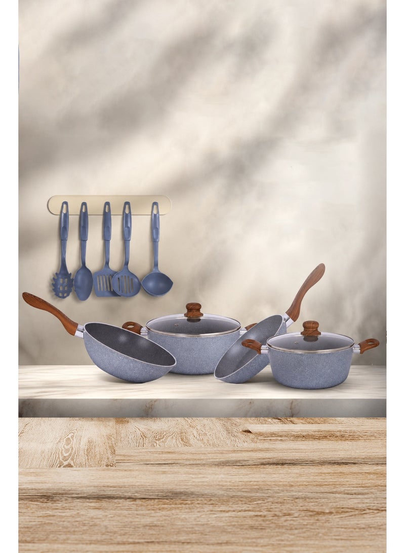 11-Piece Granite Cookware Set | Non-Stick Granite Coating | Multi-Layer Base for All Cooktops | Glass Lids with Comfortable Wood-Style Handles - Image 1
