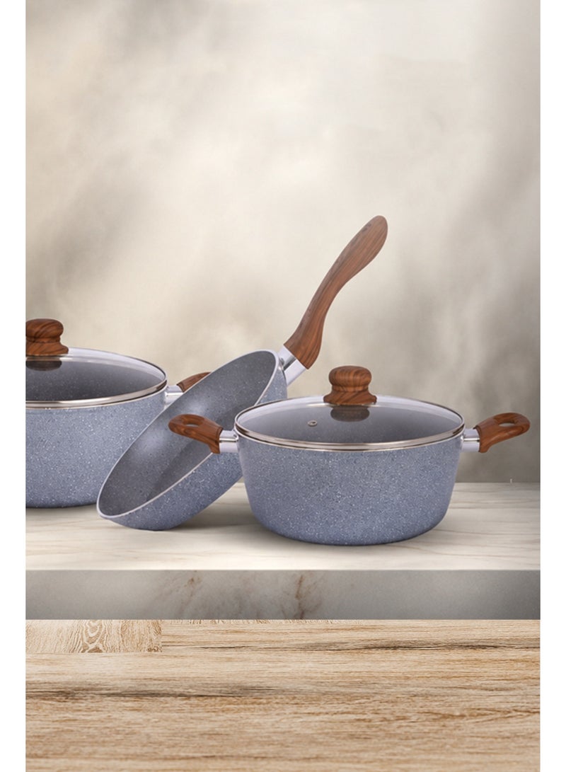 11-Piece Granite Cookware Set | Non-Stick Granite Coating | Multi-Layer Base for All Cooktops | Glass Lids with Comfortable Wood-Style Handles - Image 3