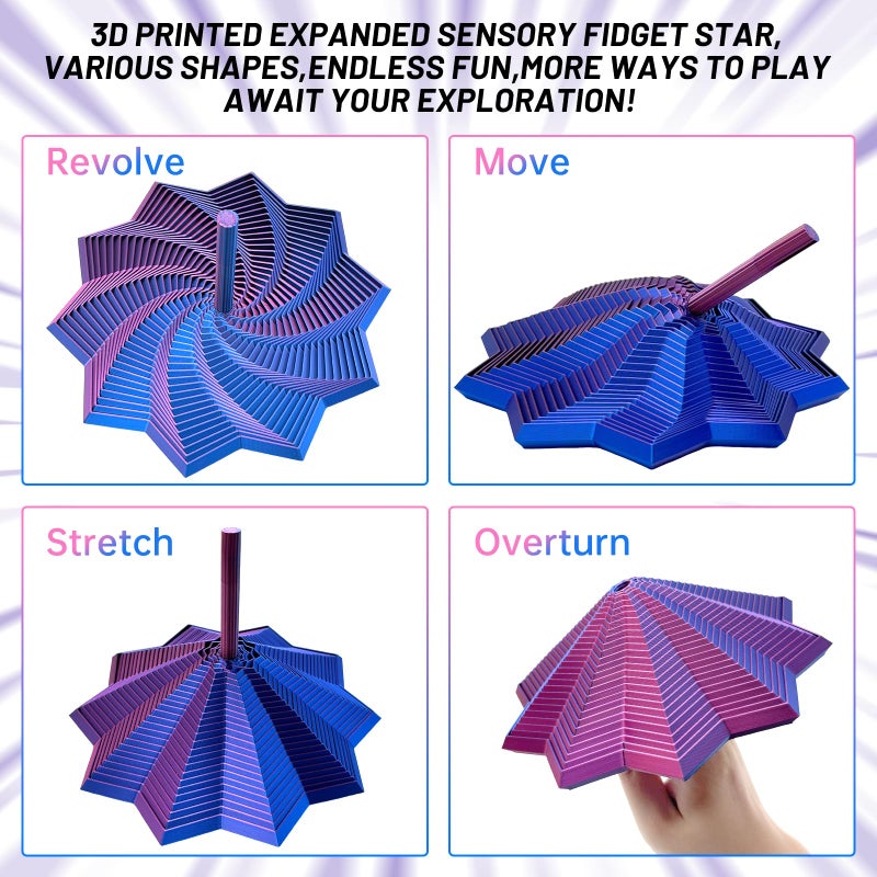 DZZ 3D Printed Expanded Sensory Fidget Star,Stress-Relief Spinning Tower Toy with Handles,Sensory Toys for Adults & Teens,Honeycomb Whirling Spiral Design for ADHD & Stress Relief (Purple-Blue,L-25rings) - Image 3