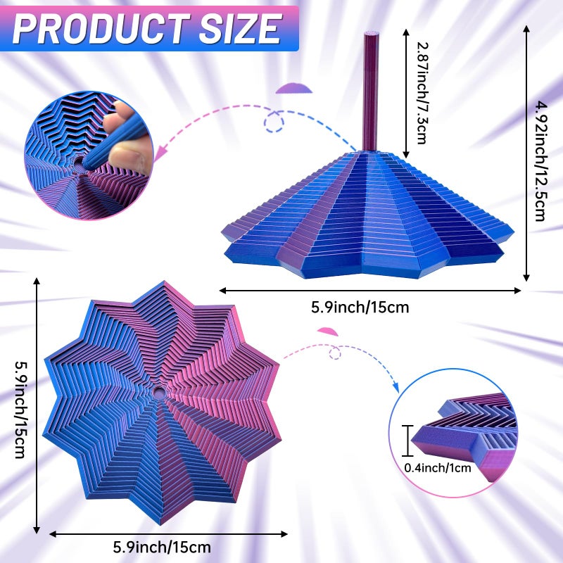 DZZ 3D Printed Expanded Sensory Fidget Star,Stress-Relief Spinning Tower Toy with Handles,Sensory Toys for Adults & Teens,Honeycomb Whirling Spiral Design for ADHD & Stress Relief (Purple-Blue,L-25rings) - Image 2