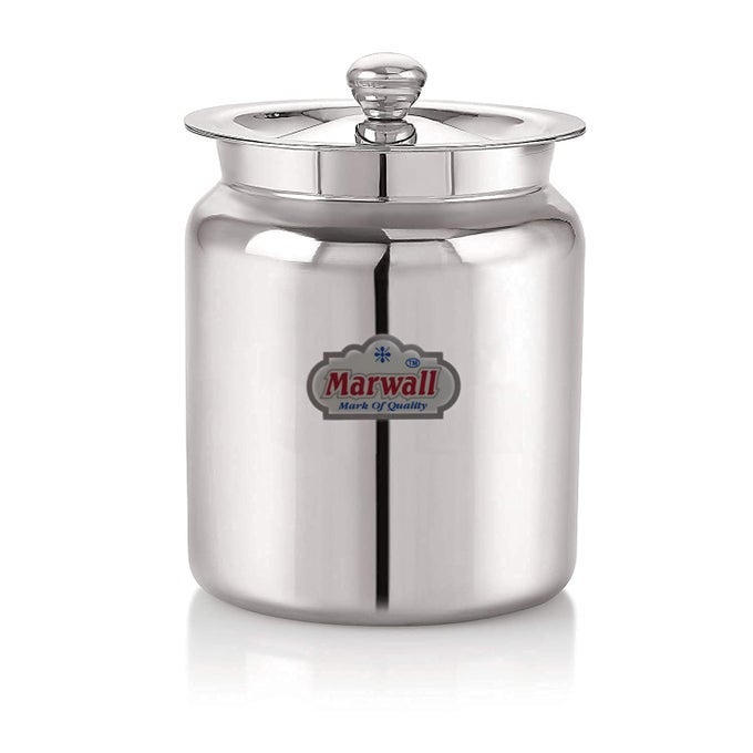 STAINLESS STEEL GLOSSY FINISH OIL GHEE DANI BARNI DABBA DIBBA STORAGE JAR SERVING CONTAINER POT WITH LID FOR HOME KITCHEN MANDIR 1 LITRE