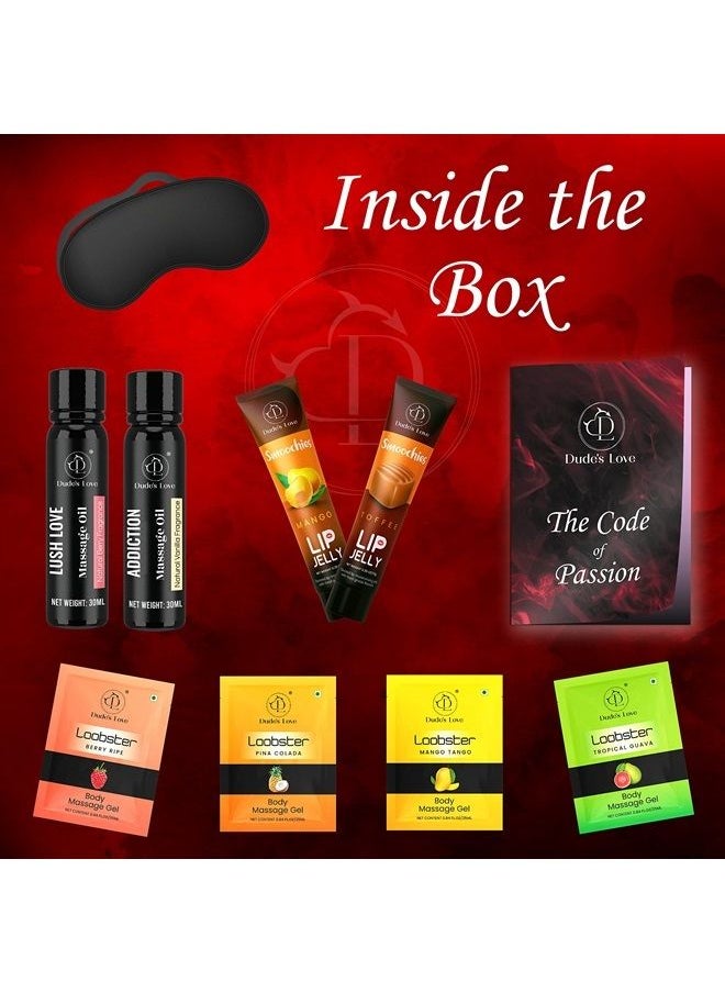 Dude's Love - Romance Box - Honeymoon Kit | Couples Sensual Kit - Intimate Gift | All Organic Edible Massage Oils, Edible Lip Balm, Edible Water-Based Glide Gel & Blind Fold | Fun Travel Kits for Lovers - Image 1