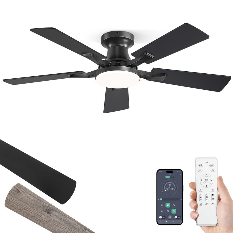ZMISHIBO 42 Inch Ceiling Fan with Light, App&Remote Control, Flush Mount Low Profile, Dimmable 20W LED Light, Quiet Reversible Motor for Bedroom, Living Room, Apartment, Black - Image 1