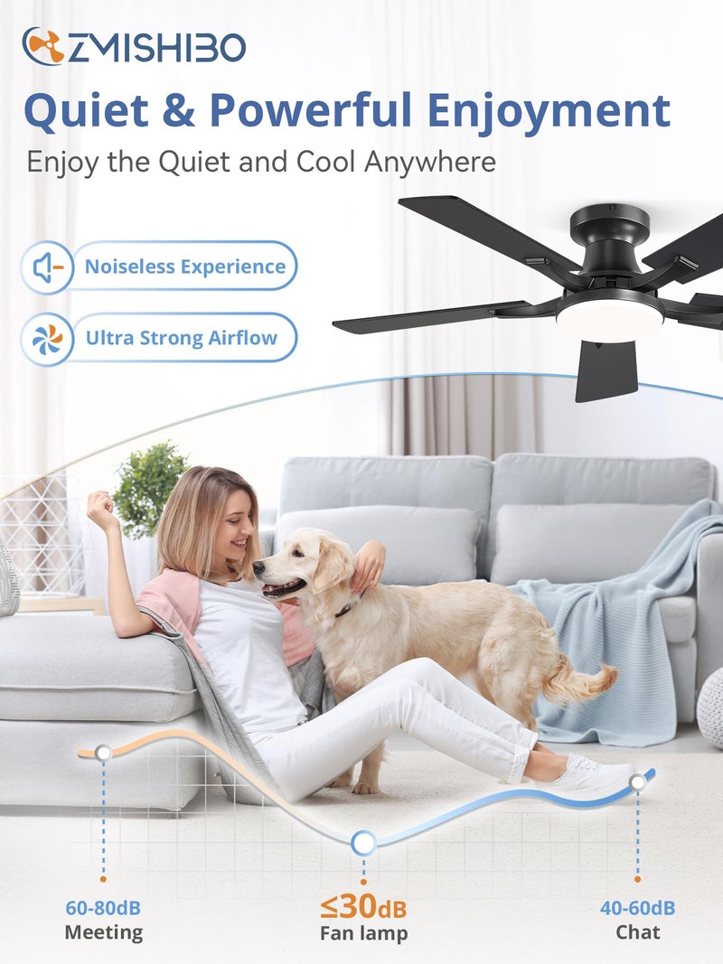 ZMISHIBO 42 Inch Ceiling Fan with Light, App&Remote Control, Flush Mount Low Profile, Dimmable 20W LED Light, Quiet Reversible Motor for Bedroom, Living Room, Apartment, Black - Image 4